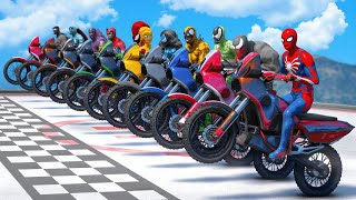 Racing Motorcycles Challenge with SPIDERMAN, Superheros HULK VENOM Epic Stunts on Mega Ramp - GTA 5