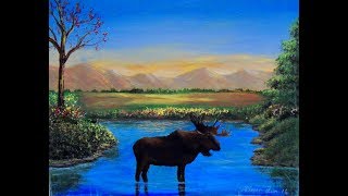 How to paint a MOOSE landscape with acrylic paint TEASER. Wildlife painting,  easy techniques