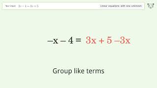 Linear equation with one unknown: Solve 2x-4=3x+5 step-by-step solution
