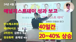 애널리스트데이 성과보고, 40일간 20~40% 상승률 (반도체소부장 김민경, 제약바이오 박재경, 2차전지 김현수, 정유화학 윤재성) 리서치명가 하나증권 증권명재