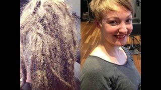 HAIRCUT on long blonde dreadlocks to a pixie cut
