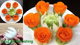 The Art of Carrot & Cucumber Rose Garnishes With Onion Lotus Decoration