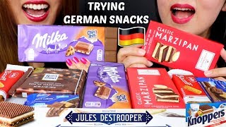 ASMR TRYING GERMAN SNACKS (MILKA CHOCOLATE, BISCUITS, COOKIES) 리얼사운드 먹방 | Kim\u0026Liz ASMR