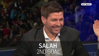 Liverpool legend Steven Gerrard reacts to Mohamed Salah's goals against Roma
