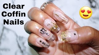 Clear Coffins Nails | Sculpted Glass Nails w/ Gold Bling + Glitter!