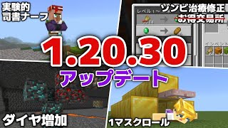 【マイクラ1.20.30アップデート】ダイヤマシマシ！？ゾンビスポナー交易終了？ゾンビ治療修正・1マスクロールでラクラクブラマイ？【マイクラ統合版1.20.30】