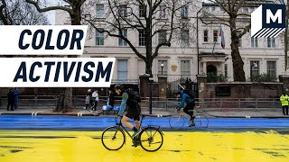 How a Giant Ukrainian Flag Appeared Outside the Russian Embassy in London | Mashable