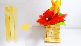 How to make flower vase with popsicle Sticks ||DIY flower vase ||DIY icecream stick vase