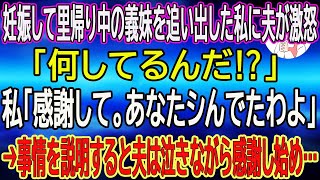 【スカッとする話】妊娠して里帰り中の義妹を追い出した私に夫が激怒「何してるんだ⁉︎」私「感謝して。あなたシんでたわよ」→事情を説明すると夫は泣きながら感謝し始め…