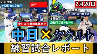 ２月２０日春季キャンプ「中日×ヤクルト」練習試合レポート　中日はドラ４『石伊雄太』が安打と圧巻の盗塁阻止＆『石川昂弥』が本塁打含む２安打と絶好調！ヤクルトは『増田珠』が２安打＆『高橋奎二』が２回０封！