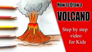 How to Draw a Volcano Step by Step || How to Draw and Color a Volcano - VERY EASY - FOR KIDS