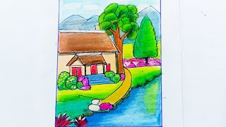 Easy house drawing in beautiful place || scenery drawing😍#art #scenery