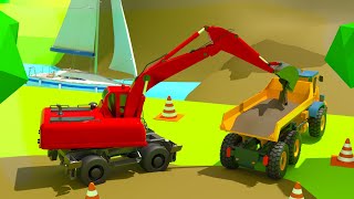 Soil overflows into the river - Dump Truck, Excavator scoops soil | 3D Construction Vehicles