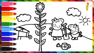 Drawing And Coloring Peppa Pig And George Pig Gardening 🐷🌻 Drawings For Kids