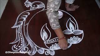 Deepavali Muggulu🌹Easy Freehand peacock Deepam Kolam🌹Diwali Rangoli 2024@DheepiikaRangolis