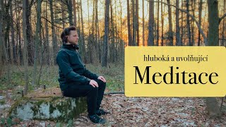 Hluboka a uvolňující meditace bez myšlenek v lese při západu slunce.