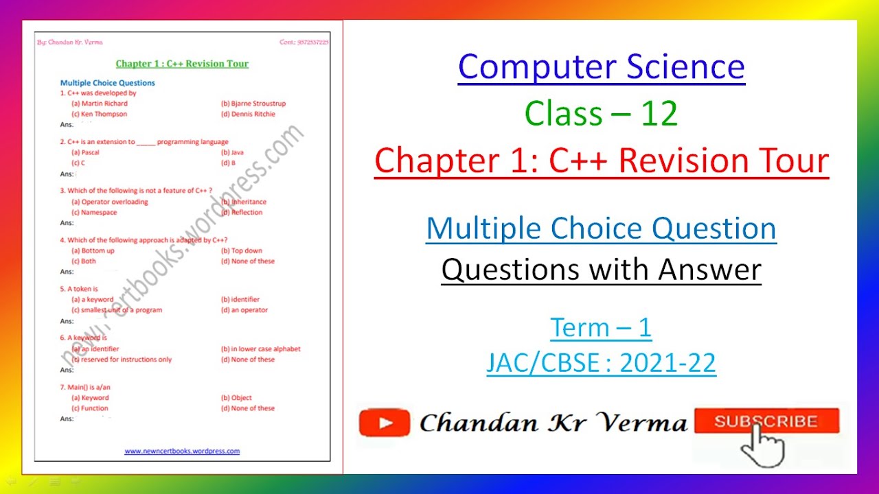 Class 12 MCQ 1_Computer | Chapter 1: C++ Revision Tour | JAC: 2021-22 ...