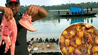 Pork curry cooking r eating in river board | Pork cooking in a River  | Picnic with pork in river