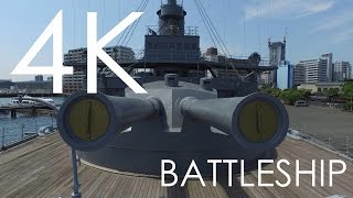 Aerial view of Japanese old battleship Mikasa in 4K / 戦艦三笠 三笠公園