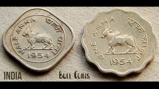 Old and Rare Indian Anna Bull (Zebu) Coins from 1954 | INDIA