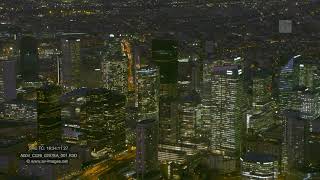Aerial footage / The business district of Paris La Defense by night