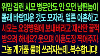 사연열차위암 걸린 시모 병문안도 안 오던 남편이 몰래 바람피운 것도 모자라, 나랑 이혼하고 시모 재산만 꿀꺽 받으려 하네요  검은 속내를 알고 사이다 참교육 들어가는데#