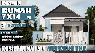 Desain rumah lahan 7x14 m 3 kamar tidur fasilitas mushola dan taman dalam