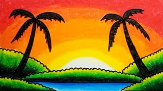 How To Draw Sunset Scenery For Beginners With Oil Pastel Step By Step |Drawing Easy Scenery