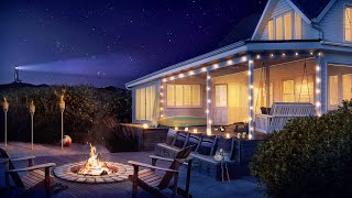 Cozy Beach House Campfire Ambience - 8 Hours Crackling Fire, Crickets, and Distant Ocean Sounds