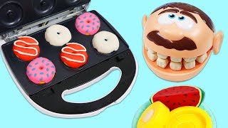 Feeding Mr. Play Doh Head Huge Meal Time & Donut Desserts Pretend Baking and Grilling Kitchen Sets!