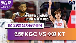 [KBL.프로농구분석]남자농구분석.안양KGC.수원KT.크블.남농분석.국농.여농.스포츠토토.프로토분석.종이토토.1월29일.2022년.