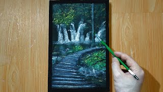Black Canvas Acrylic Painting / Simple Forest Painting for Beginners