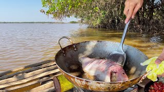 Fried Red Tilapia Fish With Vegetables On A Relaxing Trip To Visit The Riverside In Cambodia.