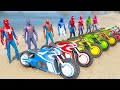 SPIDERMAN Motorbikes Challenge on Double Mega Ramps Spiderman Team Hulk Avengers Motos Race - GTA 5