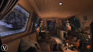 Winter Narrow Boat | Night Ambience | Wood Stove Fireplace, Wind, Snow \u0026 Blizzard Sounds