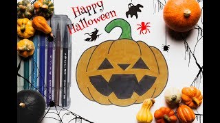 How to draw a scary pumpkin  Halloween pumpkin drawing for kids  Coloring page for kids
