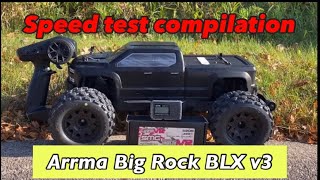 Arrma Big Rock BLX v3-Speed Test Compilation-How fast is it?-different pinion sizes-3s and 4s lipo-