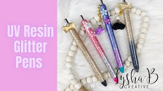 Glitter pens with floral charms, Glitter pen tutorial, UV resin glitter application