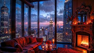 💗 Romantic Rainy Night 🌧️ Fireplace Crackle \u0026 Soft Instrumental Music | Cozy Valentine's Ambiance