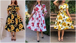 Latest Floral Print A Line  Midi Dresses for girls | Trendy Knee Length One Piece Dress for Summer