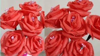 Rose flower making with organdy cloth || Artificial Roses with organdy