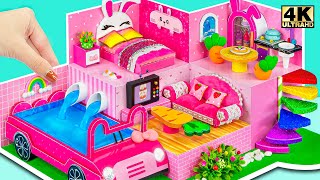 How To Make Pink Mini House has Automatic Water to Swimming Pool Car - DIY Miniature Cardboard House