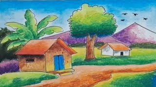 Beautiful village scenery drawing|| With oilpastel Colour|| How to Draw village scenery||