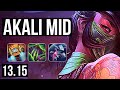 AKALI vs ZED (MID) | 70% winrate, 8 solo kills, 15/3/10, Dominating | KR Master | 13.15