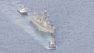 航行不能の海自護衛艦・えい航され広島に到着