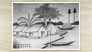 Beautiful Riverside Village Drawing with pencil, Easy Scenery Drawing for Beginners