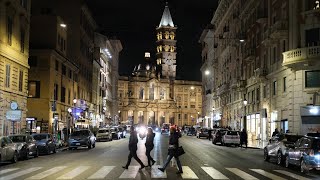 Night walk after rain in the Via Merulana area (guided tour). Rome, Italy. Slow TV 4KHDR