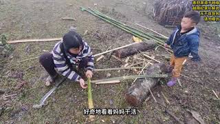 飞飞和妈妈冒雨砍竹笋，砍竹子做竹门，过着坚韧又艰难的日子