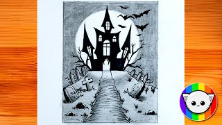 How to draw a Halloween Castle step by step || Easy drawing
