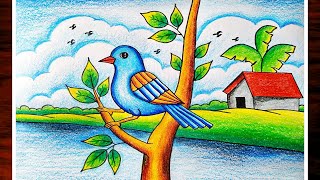 Bird Drawing|How To Draw A Bird Scenery|Bird Scenery Drawing Easy For Beginners|Anusree Artwork